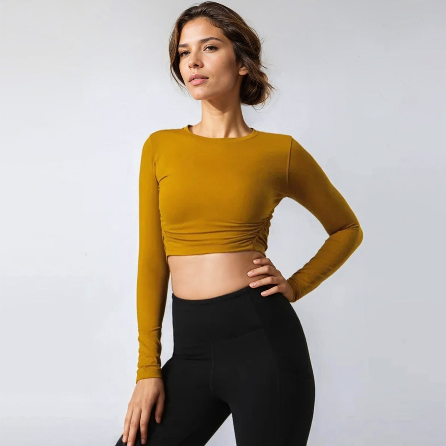 Long Sleeve Gathered Cropped T-Shirt