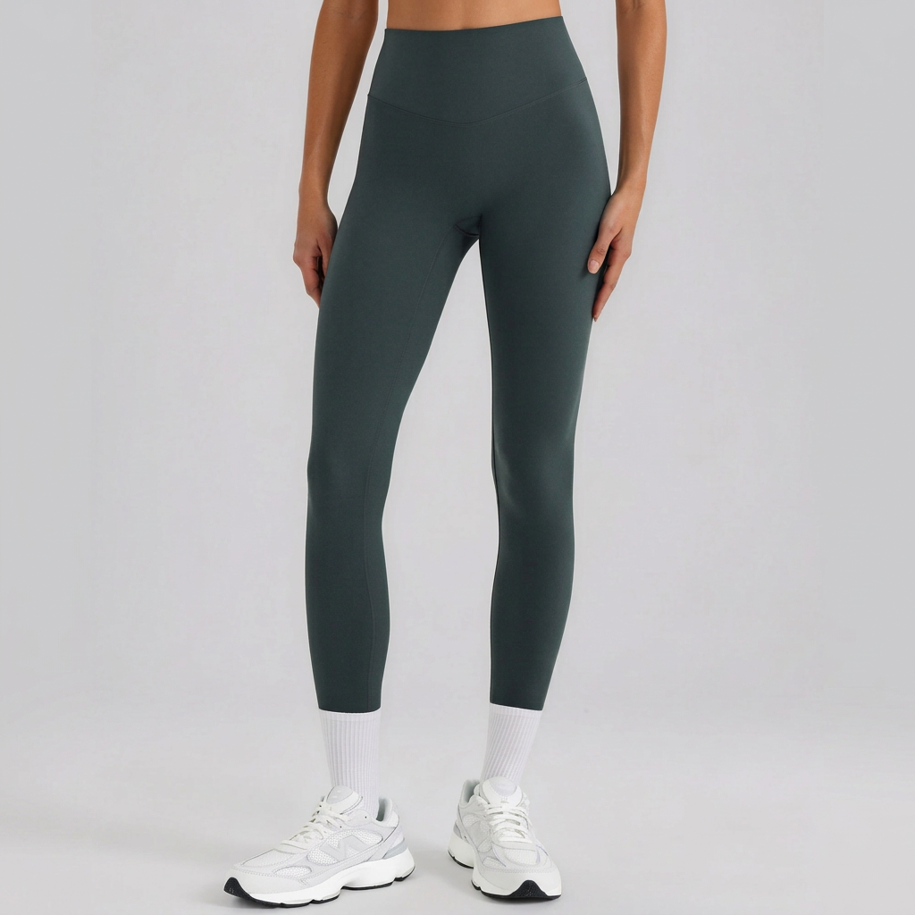 A model from the waist down wearing high-waisted, full-length athletic leggings in a dark forest green color, paired with white socks and white sneakers, against a light gray studio background.