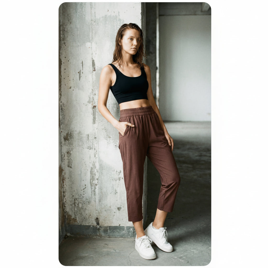 Woman wearing a black tank top and coffee brown joggers standing against a concrete wall.